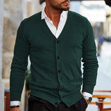 WIAOFELLAS  -  Spring Autumn Mens Solid Color Knitted Cardigan Fashion V-Neck Long Sleeve Slim Fit Sweater Coat with Pockets Men Knit Outwear