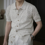 Wiaofellas  -  Summer New Casual Short Sleeve Knit Shirts Men Vintage Textured Knitted Shirt Tops Mens Fashion Button-up Lapel Shirt