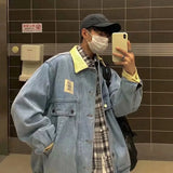 WIAOFELLAS  -  Retro Lapel Denim Jacket Men Jean Jackets Streetwear Turn Down Collar Denim Coats Cotton Casual Black Blue Coats Man Clothing