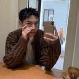 WIAOFELLAS  -  American Retro Contrasting Striped Twisted Zipper Cardigan Knit Sweater Jacket Men and Women Casual Versatile Tops