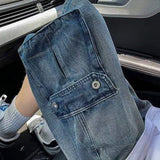 WIAOFELLAS  -  American Style Men's Denim Shorts Washing Multi-pocket Solid Color Worn-out Lace-up Straight Leg Male Jeans Summer