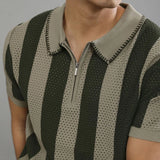 WIAOFELLAS  -  Men's Half-Zip Striped Knitted Short-Sleeved Polo Shirt American Retro Fashion Trend Casual Simple Loose Breathable Men's Tops