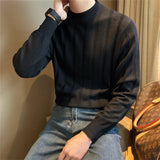 WIAOFELLAS  -  Men's Light Luxury Business Slim-fit Knit Pullover Hollow Out Casual Long Sleeve Solid Color O Neck Retro Popular Basic Sweater