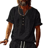 Wiaofellas  -  Vintage Buttoned V Neck Cotton Shirt Mens Tops Short Sleeve Loose Solid Color Casual Shirts Summer Men Clothes Fashion