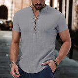 Wiaofellas  -  Men's Short Sleeve Linen Shirt Summer Lightweight Casual V-Neck T-Shirt Men Basic Solid Color Loose Fit Top