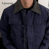 Wiaofellas  -  Fall Washed Jackets Mens Fashionable Patchwork Turn-down Collar Long Sleeve Coats Men Casual Zipper Crop Outerwear