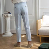 WIAOFELLAS  -  Fashion Men's Italian Style Naples Suit Pants Blue Stripes Seersucker High Waist Paris Buckle Trouser England Business Casual Pa