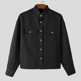 WIAOFELLAS  -  Men Shirt Solid Color Stand Collar Long Sleeve Button Men Clothing Streetwear Fashion Loose Casual Tops Male Shirts