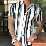 WIAOFELLAS  -  Men's Striped Casual Shirts Streetwear Slim Fit Shorts Sleeve Shirt Tops Men Silk Satin Digital Printed Blouse Male Clothing