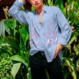 Wiaofellas  -  New I love you printing Shirt Sexy Thin Clothing Summer Men Long Sleeve Chemise Tops Homme Casual Men Shirt M-3XL Black/Yellow