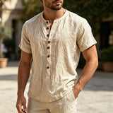 Wiaofellas  -  Retro Solid Color Mens Linen Tops Summer Casual Short Sleeve Button-up Henley Neck T Shirts For Men Daily Leisure Loose Pullover