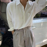 Wiaofellas  -  Men's Clothing Light Luxury Korean Popular Linen Shirts Streetwear Long Sleeve Solid Color Retro Leisure Thin Pocket Blouse