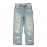 Wiaofellas  -  American Style Ripped Men's High Street Vintage Washed Destroyed Wide Leg Cotton Denim Pants Mid Waist Zipper Fly Long Trousers