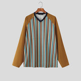 WIAOFELLAS  -  Men T Shirt Striped Patchwork V Neck Long Sleeve Male Tee Tops Korean Style Streetwear Loose Fashion Casual Men Clothing