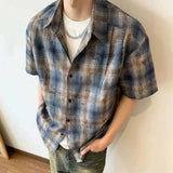 WIAOFELLAS  -  New Summer Shirts Men's Turn-down Collar Plaid Design Short Sleeved Shirt Casual Single Breasted Loose Male Tops