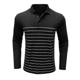 Wiaofellas  -  Men Striped Print Lapel Collar Long Sleeve Polo Shirt Autumn Winter Casual Daily Top
