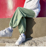 WIAOFELLAS  -  Trendy White Dstring Trousers for Men Casual Loose Fit Low Waist Long Pants Youthful Energy Sle Summer Thin Material