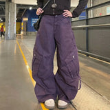 Wiaofellas  -  Unisex Vintage Purple Cargo Pants Multi Pockets Metal Rivet Loose Curved Wide Leg Baggy Trousers Y2K Streetwear Casual Denim
