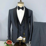 Wiaofellas  -  Fashion New Linen Suit Business Slim Fit Black Shawl Lapel 3 Piece Wedding Party Prom Casual Boutique British Style Set