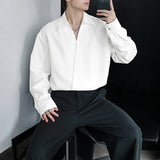 WIAOFELLAS  -  Men Shirt Solid Color Lapel Long Sleeve Loose Korean Style Tops Male Shirts Streetwear Fashion Casual Men Clothing