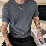 Wiaofellas  -  Luxury Textured Knit Men T-shirt Ribbed Short Sleeve O Neck Slim Fit Casaul Tees Korean Fashion Streetwear Breathable Tops M-3XL
