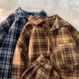 WIAOFELLAS -  Retro Plaid Long Sleeve Shirt Men Spring Fall Loose Shirt Turn-down Collar Blouse Hip Hop Streetwear Male Shirts