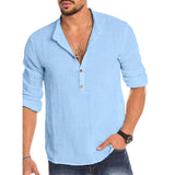 WIAOFELLAS  -  Long-sleeved Loose Solid Color Cotton Shirt XXL Clothing Pullover Vee-neck Stand Beach Traveling Menswear Summer