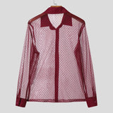 WIAOFELLAS  -  Men Shirt Polka Dot Printing Lapel Long Sleeve Button Men Clothing Mesh See Through Loose Fashion Male Shirts Streetwear