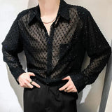 Wiaofellas  -  Mens Sexy Mesh See-Through Long-Sleeved Shirt Autumn Genderless Fashion Youth Nightclub Shiny Breathable Performance Top Unisex