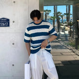 WIAOFELLAS  -  Fashion Men's Striped Contrast Color Knit Loose T-shirts Trendy Short Sleeves O-neck Casual Tops Male 2025 Summer 2A0917