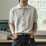 WIAOFELLAS  -  Men's Solid Color Knitted Short-Sleeved Shirt American Retro Fashion Trend Loose Casual Simple Breathable Niche New Men's Tops