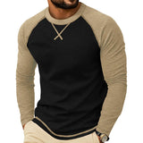 Wiaofellas  -  Men Color Block Raglan Long Sleeve T Shirts Crew Neck Curved Hem Casual Basic Undershirt Tops