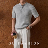 Wiaofellas  -  Men's Henley Short Sleeve Knit T-Shirt Summer Breathable Cable Texture Slim Fit Old Money Style Top Youth Street Tees