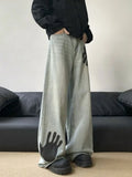 WIAOFELLAS  -  Men's Palm Print Design Wide Leg Unisex Jeans Cool Girl Fashion Bottoms Denim Trousers Male High Waist Regular Pants Baggy Jeans