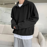 WIAOFELLAS  -  Men Hoodies Solid Color Lapel Long Sleeve Loose Men Pullover Streetwear Korean Style Fashion Casual Tops Male Sweatshirt