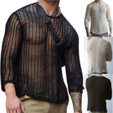 Wiaofellas  -  Men Long Sleeve Mesh T Shirt Transparent Sexy Summer New Men Clothing Streetwear Solid Knit Tee Street Party Costumes