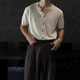 WIAOFELLAS  -  Men's Solid Color Knitted Cardigan Short-Sleeved Shirt American Retro Fashion Trend Street Loose Breathable Niche Men's Tops