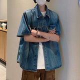 WIAOFELLAS  -  Denim Men's Shirt Solid Color Raw Edge Lapel Niche Design Short Sleeve Washing Clothing Single Breasted Male Tops