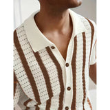 WIAOFELLAS  -  Summer New Men Knitted Shirt Lapel Casual Tees Shirts Business Social Striped Hollow Out Knit Cardigan Men Clothing Steetwear