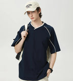 WIAOFELLAS  -  Retro 260g Contrasting Lines V-neck Short-sleeved T-shirt Men's Trendy Brand Loose Design T-shirt Top