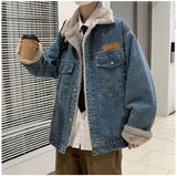 Wiaofellas  -  Autumn Winter Lamb Velvet Denim Jaet Men's Trendy Casual Japanese Sle Retro Cool American High Street Loose Fce Lined