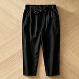 Wiaofellas  -  Men Japanese Chinese Style Linen Cropped Pants Summer Thin Loose Elastic Drawstring Waist Casual Trousers Plus Size M-5XL