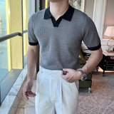 WIAOFELLAS  -  Men's Color Matching Knitted Short-Sleeved Polo Shirt American Retro Fashion Trend Loose Casual Breathable Summer Men's Tops