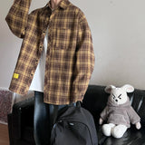 WIAOFELLAS  -  Retro Plaid Long Sleeve Shirt Men Spring Fall Loose Shirt Turn-down Collar Blouse Hip Hop Streetwear Male Shirts