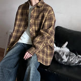 WIAOFELLAS  -  Retro Plaid Long Sleeve Shirt Men Spring Fall Loose Shirt Turn-down Collar Blouse Hip Hop Streetwear Male Shirts