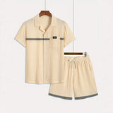 Wiaofellas  -  Men Casual 2-Piece Pajamas Set Summer Short Sleeve Letter Print Patchwork Shirts+Shorts Suits Skin-friendly Breathable Homewear