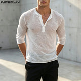 Wiaofellas  -  Men's T Shirt Solid Color V Neck Long Sleeve Loose Casual Men Clothes Streetwear Fashion Leisure Tee Tops For Man