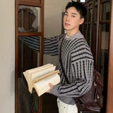 WIAOFELLAS  -  American Retro Contrasting Striped Twisted Zipper Cardigan Knit Sweater Jacket Men and Women Casual Versatile Tops