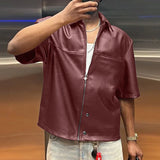 Wiaofellas  -  Solid Color Men Shirt Faux PU Leather Lapel Short Sleee Men Clothing Zipper Summer Streetwear Fashion Casual Camisa