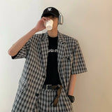 WIAOFELLAS -  (shorts+suit Jackets) Summer Men's Loose Black And White Plaid Short Sleeved Suit Jackets High Quality Mens Sets Suit S-XL